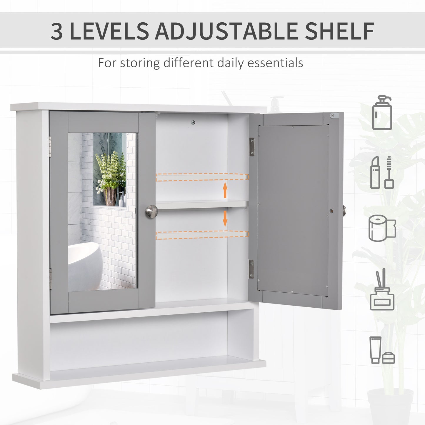 Kleankin Mirror Cabinet Wall Mounted with Double Mirrored Doors, Hanging Cabinet with Cupboard and Shelf, Bathroom Wall Storage Organizer, Grey