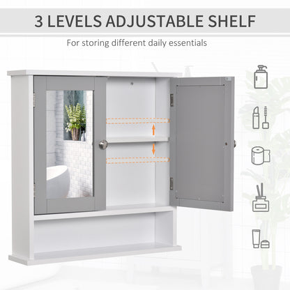 Kleankin Mirror Cabinet Wall Mounted with Double Mirrored Doors, Hanging Cabinet with Cupboard and Shelf, Bathroom Wall Storage Organizer, Grey