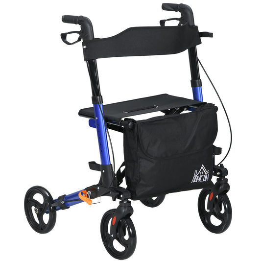4 Wheel Rollator With Seat And Back Folding With Carry Bag, Adjustable Height, Dual Brakes, Cane Holder - Blue