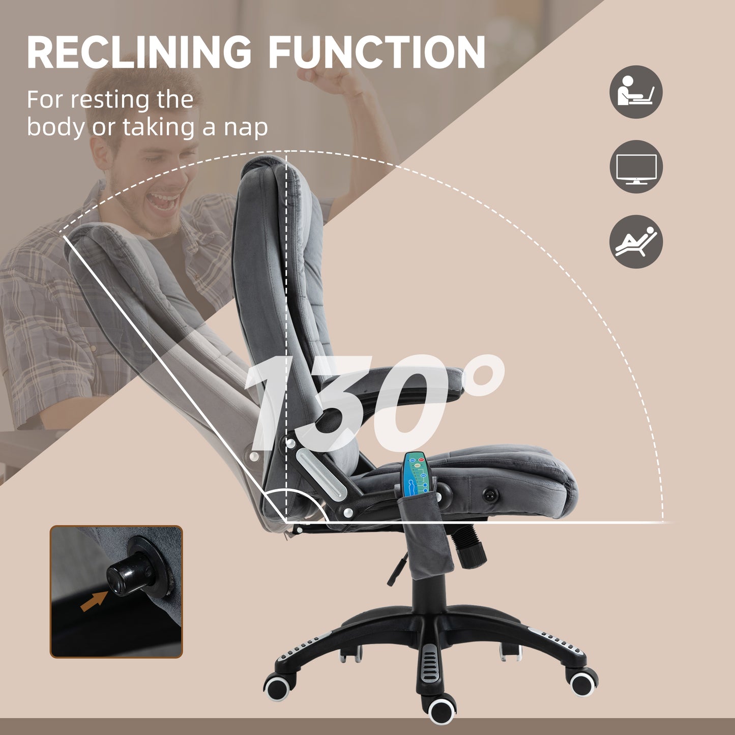 Heated Massage Recliner Office Chair | 6 Point Massage | Velvet-Feel Fabric | 130° Recline | 360° Swivel | Height Adjustable 107-116cm | 120kg | Grey