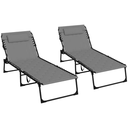 Foldable Sun Lounger Set With 5-level Reclining Back, Outdoor Tanning Chairs With Build-in Padded Seat, Loungers With Side Pocket, Headrest - Grey