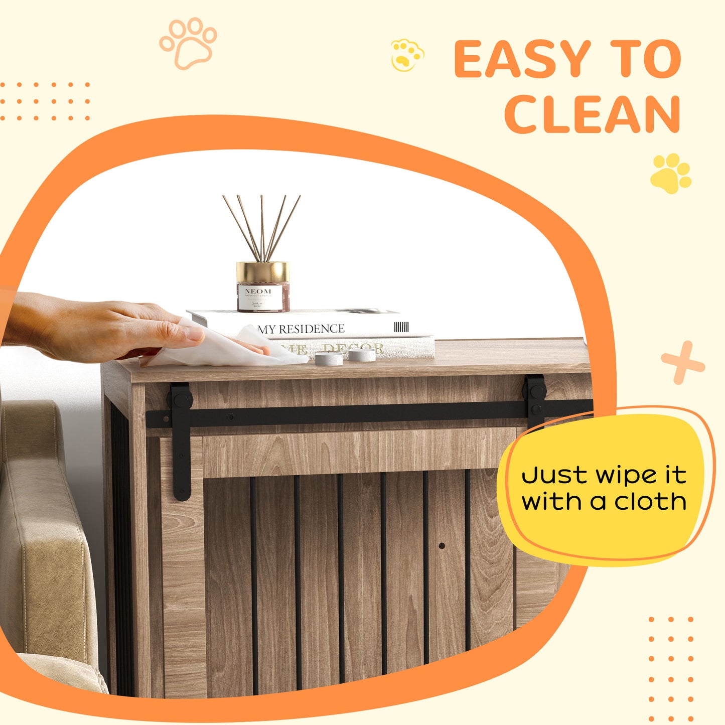 XL Dog Crate Furniture Side Table | Barn Door | Removable Washable Cushion | 3-Sided Ventilation | Extra Large Dogs up to 40kg | 118 x 60 x 73cm | Brown