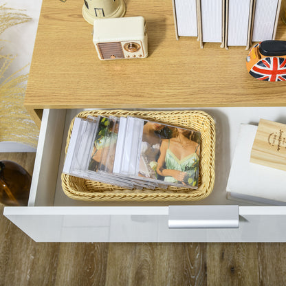 Modern Storage Cabinet, High Gloss Slim Sideboard with Drawer, Door Cupboard, Adjustable Shelves, White and Natural