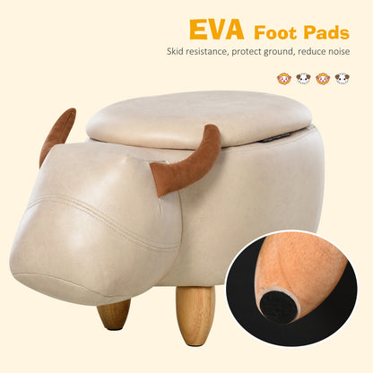 Animal footstool Buffalo Storage Stool Cute Kids Decoration Wood Frame Legs w/Padding Lid Ottoman Furniture Ivory