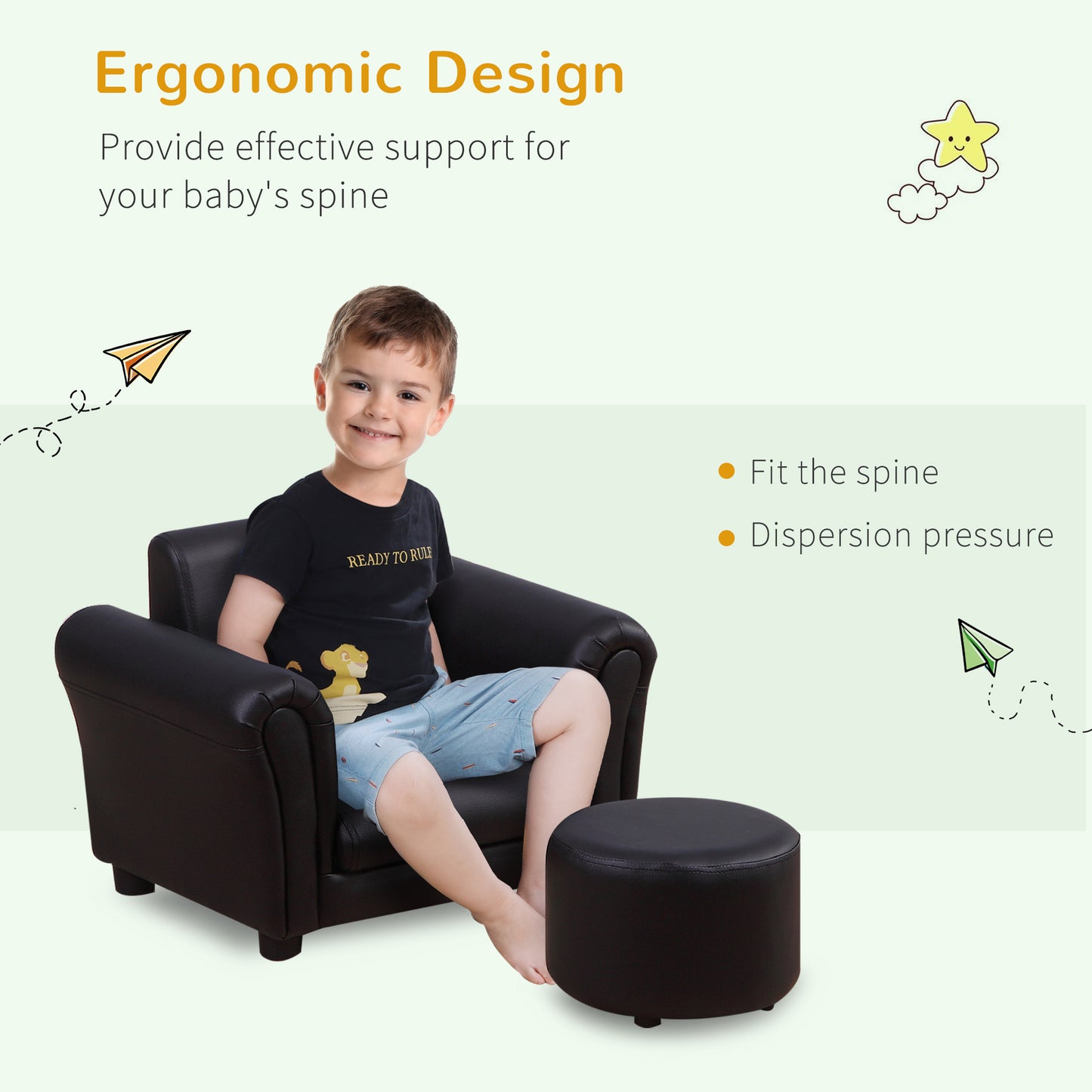 #Children Armchair W/Footstool-Black