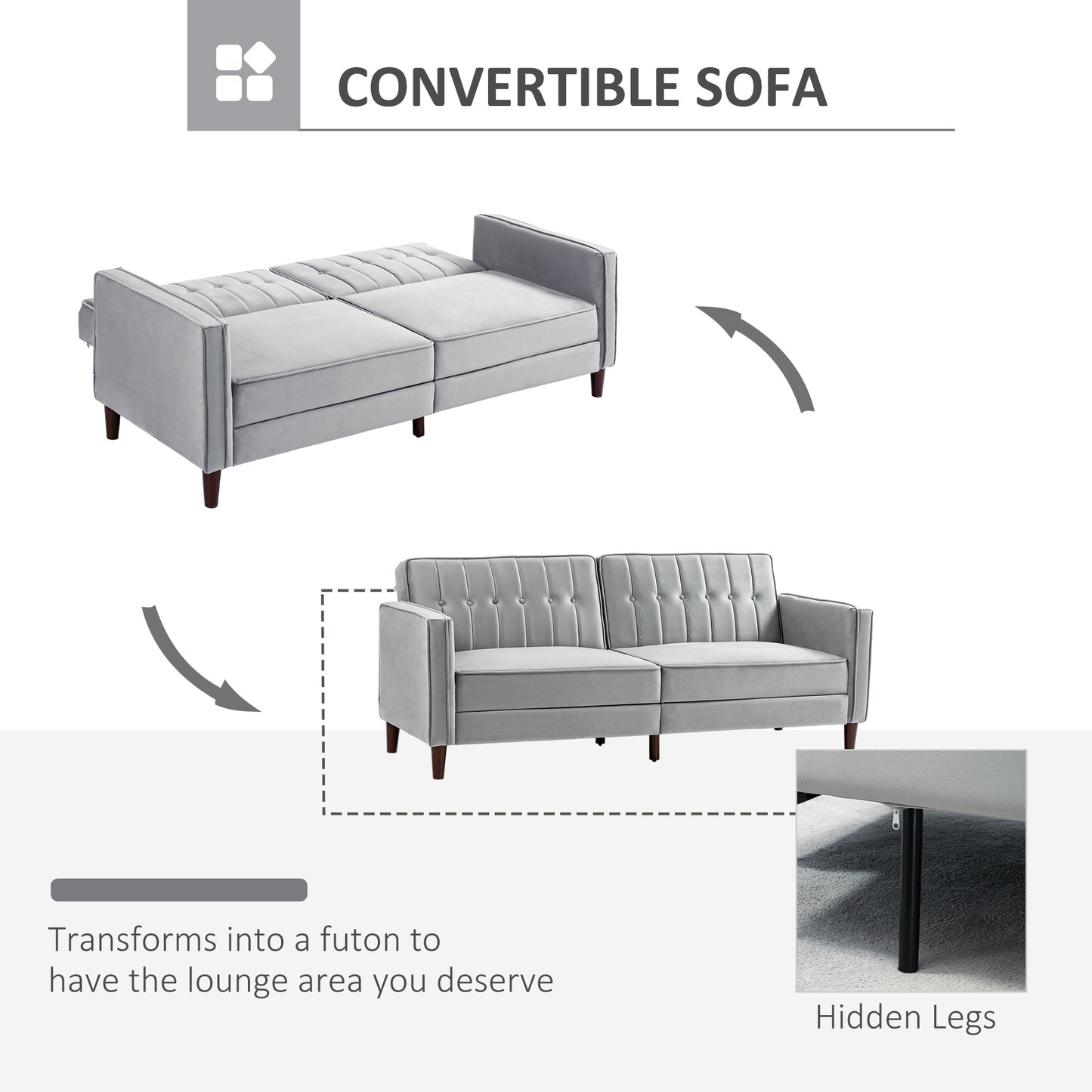 Modern Convertible Sofa Futon Velvet-Touch Tufted Couch Compact Loveseat with Adjustable Split Back, Light Grey