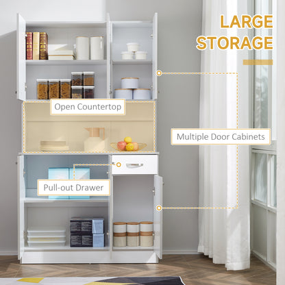 Kitchen Cupboard, Freestanding Kitchen Storage Cabinet with 6 Doors, Drawer, Adjustable Shelves and Open Countertop for Dining Room, White