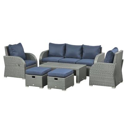 Outsunny 6 Piece Outdoor Rattan Wicker Furniture Set with 3-Seat Sofa, 2 Single Sofas, 2 Footstools and Coffee Table