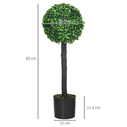 Set of 2 Artificial Plants Boxwood Ball Trees in Pot Fake Plants for Home Indoor Outdoor Decor, 20x20x60cm, Green