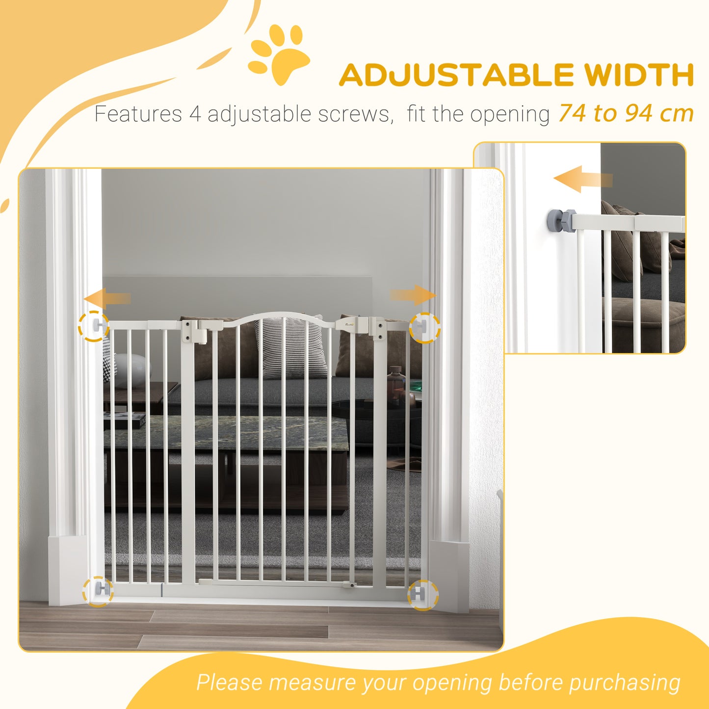 PawHut Metal 74-100cm Adjustable Pet Baby Gate Safety Barrier w/ Auto-Close Door White