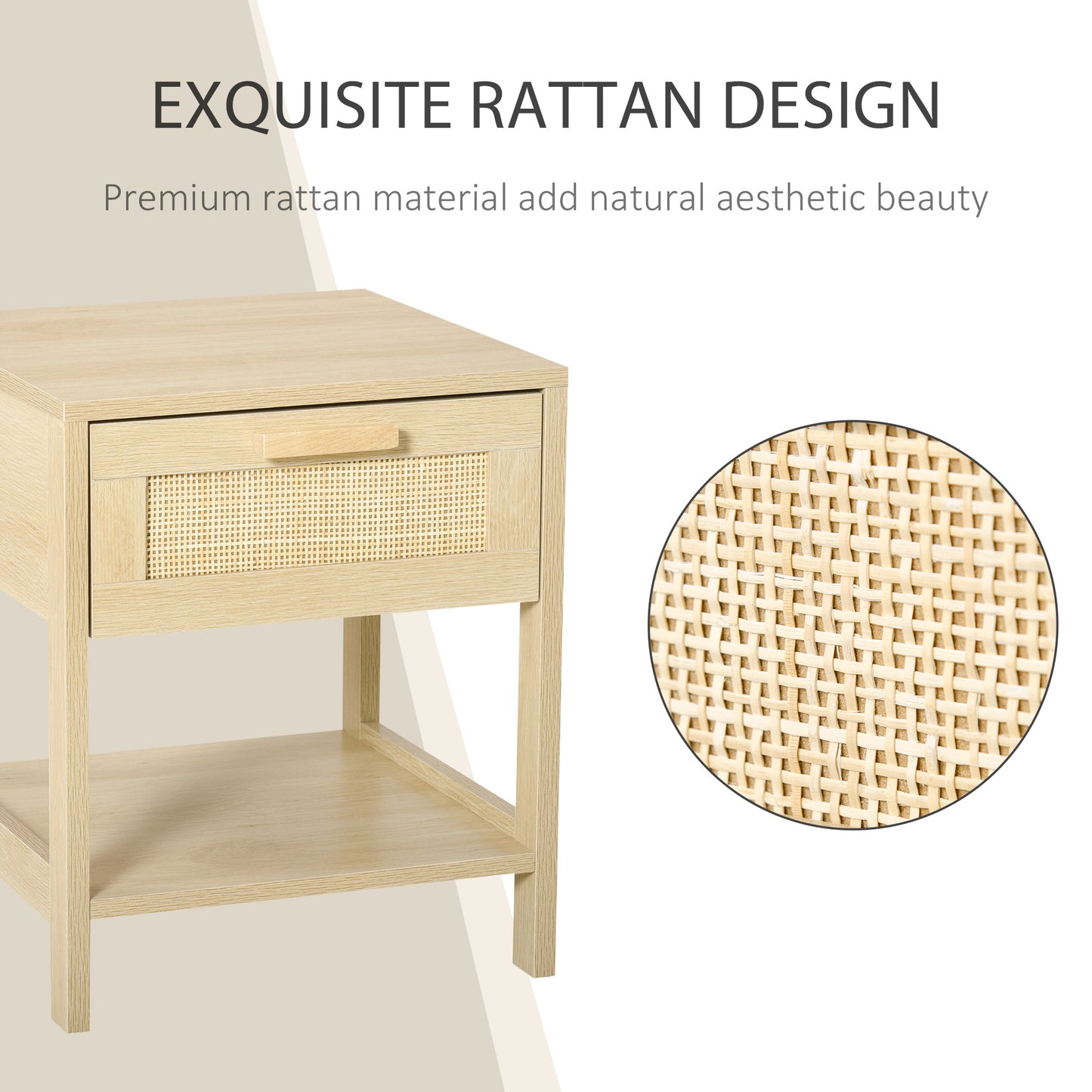 Nightstand with Rattan Drawer and Storage Shelf, Bedside End Table for Bedroom, Living Room Organizer