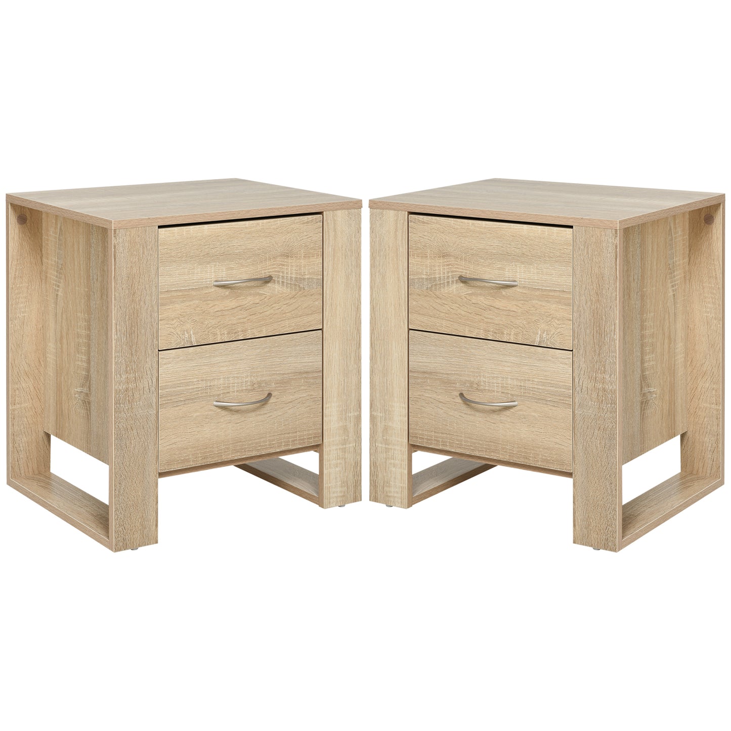 Bedside Table with 2 Drawers, Nightstand with Handles and Elevated Base, Side Table for Bedroom, Living Room, Set of 2, Brown