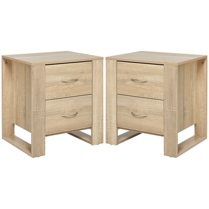 Bedside Table with 2 Drawers, Nightstand with Handles and Elevated Base, Side Table for Bedroom, Living Room, Set of 2, Brown