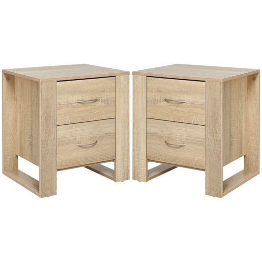 Bedside Table with 2 Drawers, Nightstand with Handles and Elevated Base, Side Table for Bedroom, Living Room, Set of 2, Brown