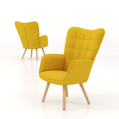 Modern Accent Chair Velvet-Touch Tufted Wingback Armchair Upholstered Leisure Lounge Sofa Club Chair with Wood Legs, Set of 2, Yellow