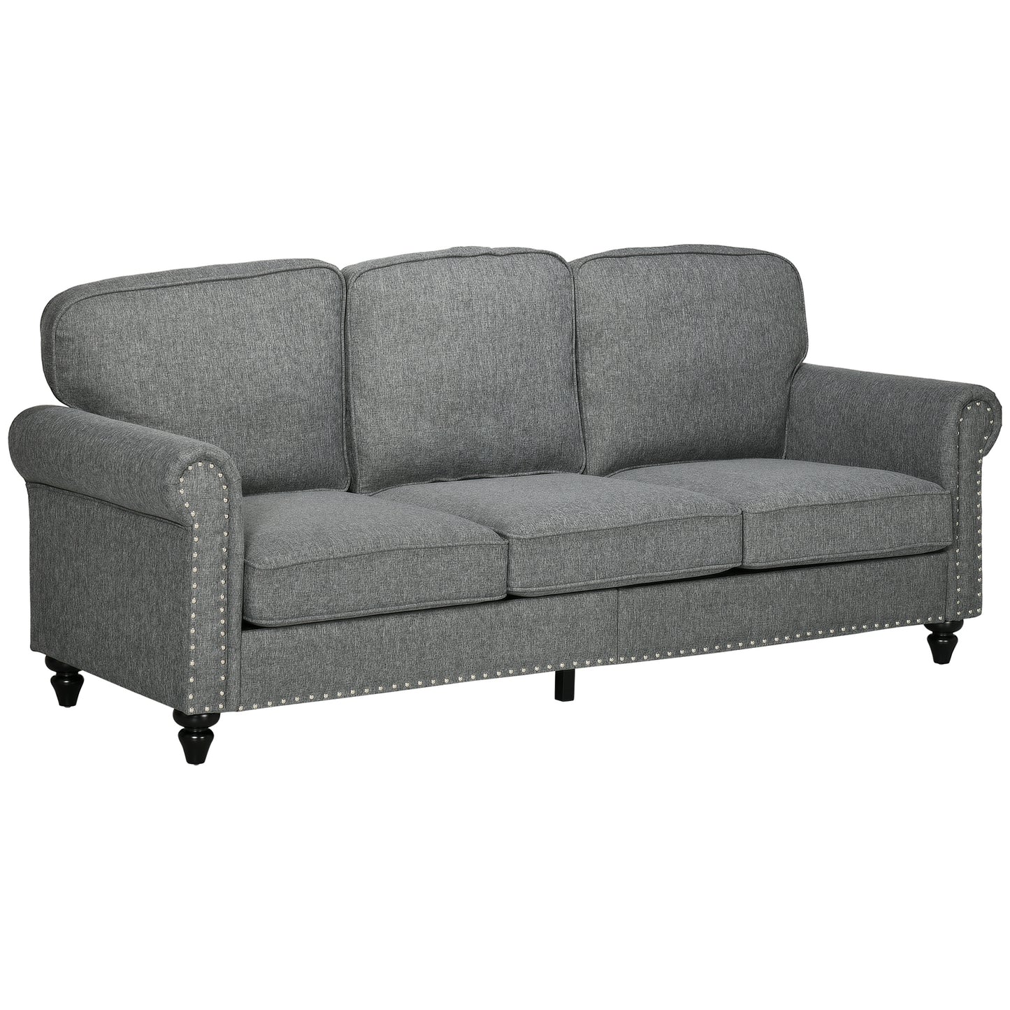 3 Seater Sofas for Living Room, Fabric Couch with Nailhead Trim, Rolled Arms and Cushions, Grey