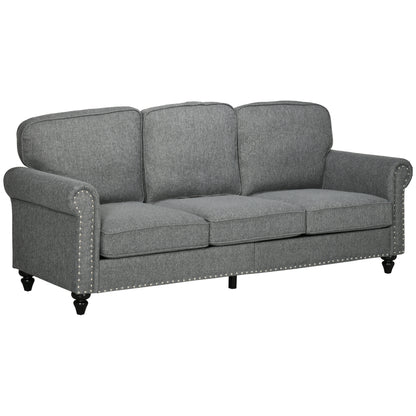 3 Seater Sofas for Living Room, Fabric Couch with Nailhead Trim, Rolled Arms and Cushions, Grey