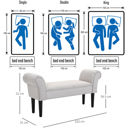 Small Linen Upholstered Ottoman Bench Rolled Arm End Chair, Wood Legs, Grey