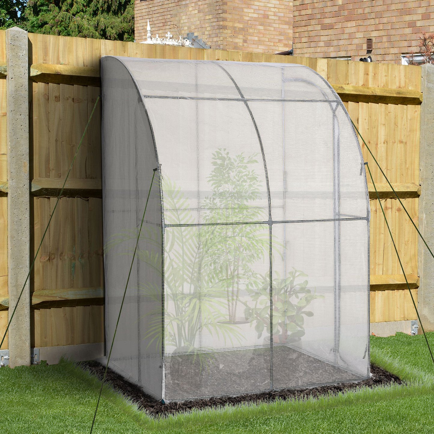 Outsunny Outdoor Walk-In Lean to Wall Greenhouse with Zippered Roll Up Door and PE Cover, 143L x 118W x 212Hcm, White