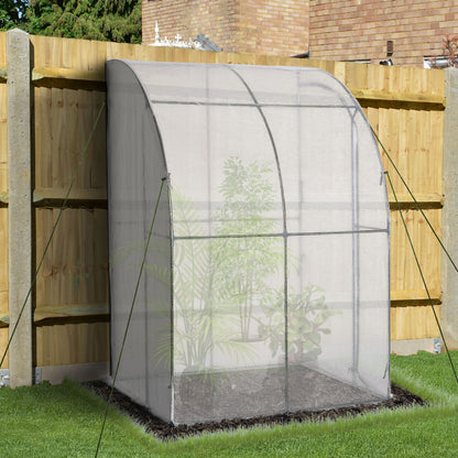 Outsunny Outdoor Walk-In Lean to Wall Greenhouse with Zippered Roll Up Door and PE Cover, 143L x 118W x 212Hcm, White