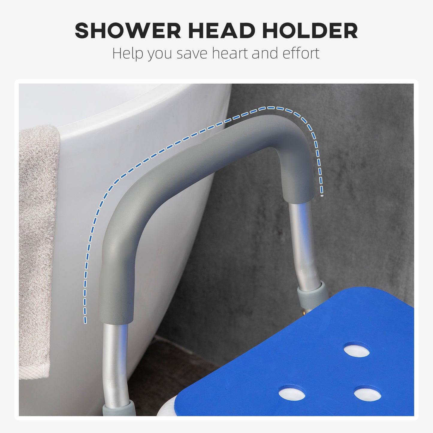 Bathroom Shower Stool Seat EVA Padded, Height Adjustable With Back and Arms, 4 Suction Foot Pads, Blue