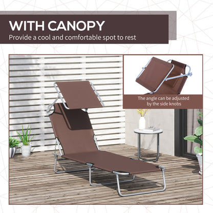 Outsunny 2 Pieces Outdoor Foldable Sun Lounger Set with Removeable Shade Canopy, Patio Recliner Sun Lounger with Adjustable Backrest with Mesh Fabric, Brown