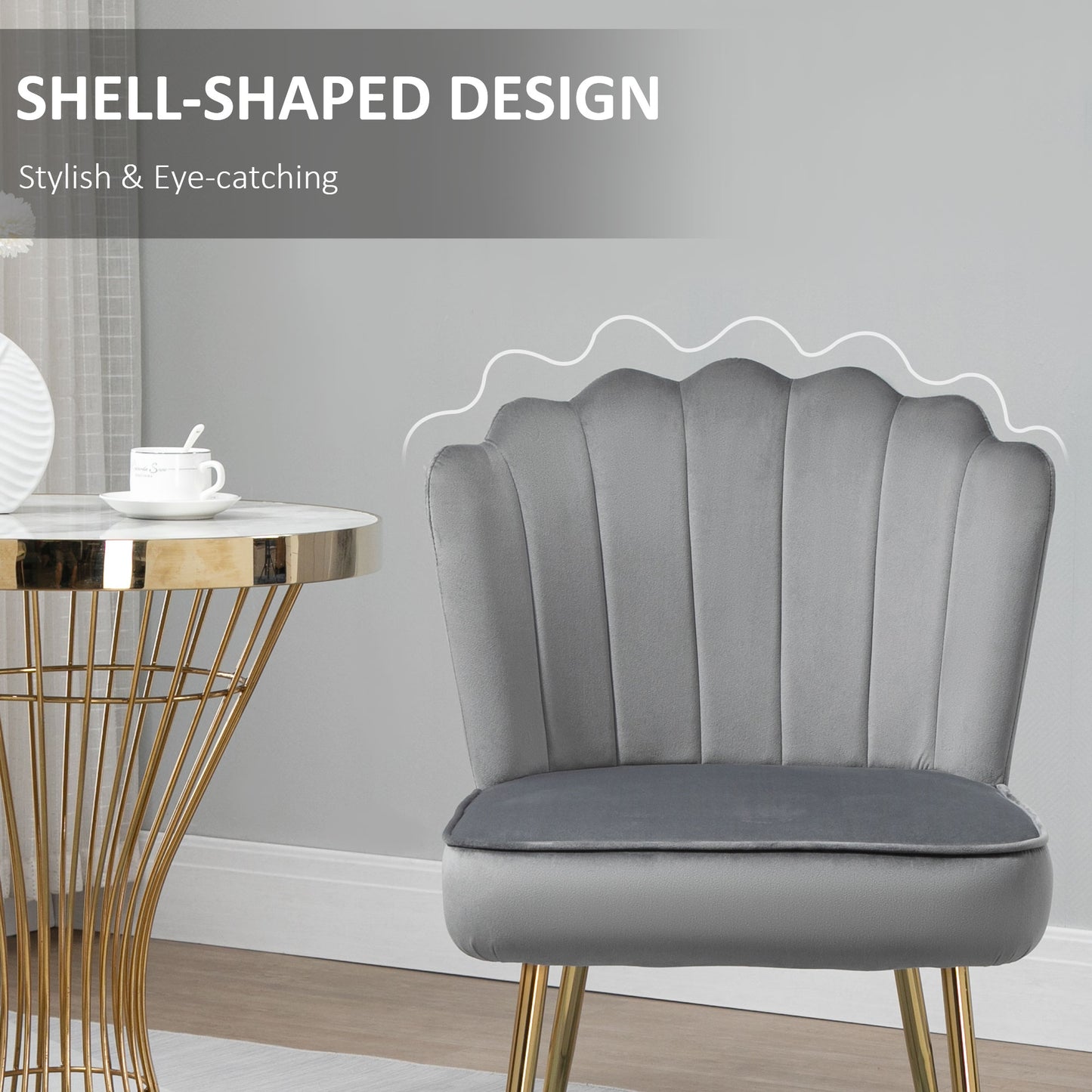 Retro Style Velvet-Feel Shell Luxe Accent Chair, Glam Vanity Chair Makeup Seat, Home Bedroom Lounge with Metal Legs Comfort Padding, Grey