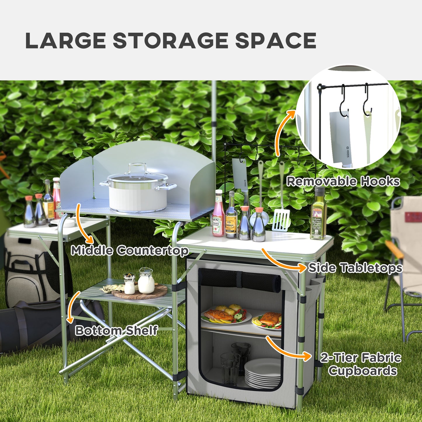 Outsunny Camping Picnic Kitchen With Storage Cupboard, Folding Table, Aluminium Portable With Windshield, Light Stand, Carrying Bag For BBQ - Silver
