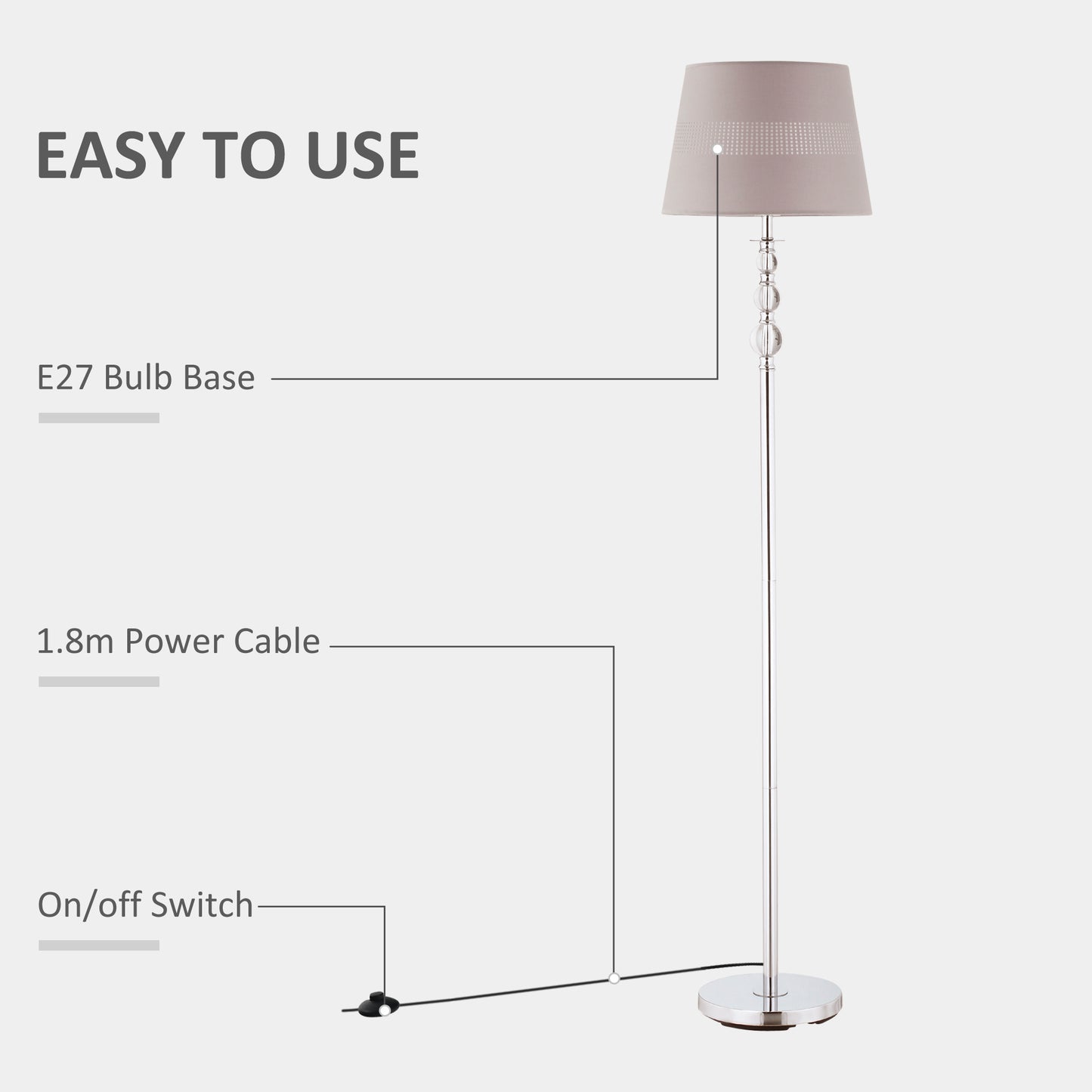 Floor Lamp with Hollow Out Fabric Shade, Chrome Base, Elegant Decoration for Bedroom, Living Room, Study, Grey