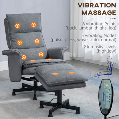 Swivel Recliner Chair and Footstool, Upholstered Massage Recliner Armchair with Remote Control, Timer and Steel Base, Grey