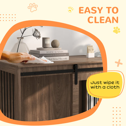 Dog Crate Furniture Side Table | Barn Door | Removable Washable Cushion | 3-Sided Ventilation | Large Dogs up to 30kg | 100 x 60 x 63cm | Brown
