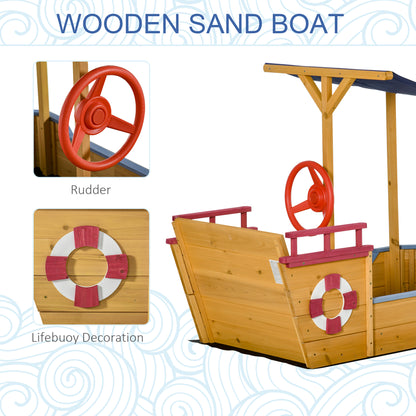 Outsunny Kids Wooden Sandbox Play Station, Covered Children Sand boat Outdoor, for Backyard, w/ Canopy Shade, Aged 3-8 Years Old, Orange