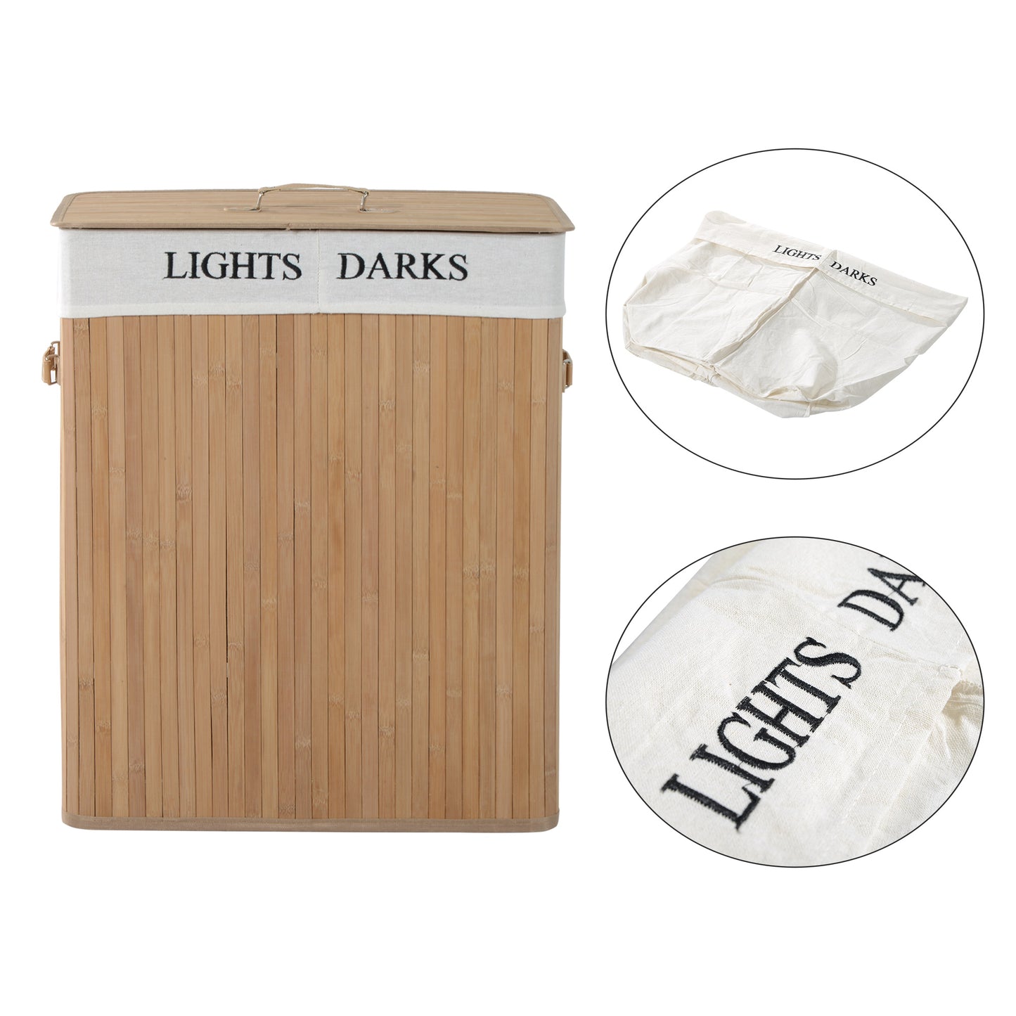 Collapsible Natural Wood Laundry Hamper Organizer Clothes Washing Basket Bin Storage Box w/Lid Removable Lining 52x32x63cm, Wood Colour 100L