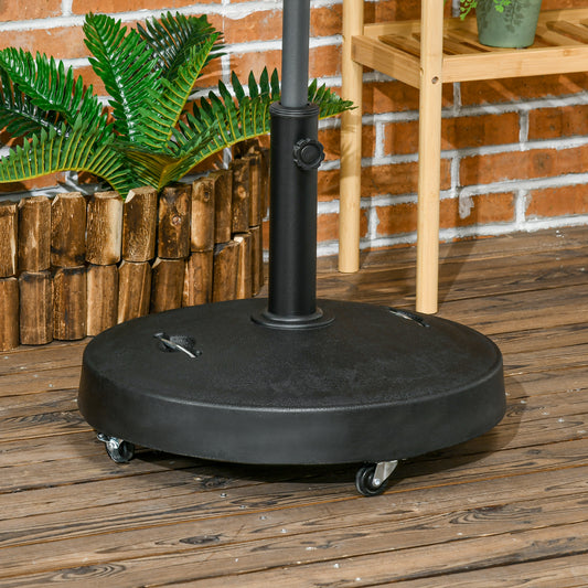 Outsunny Resin Garden Parasol Base with Wheels and Retractable Handles, Round Outdoor Market Umbrella Stand Weight for Poles of Φ38 - Φ48mm, Black