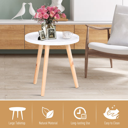 Flower Etched Side Table w/Saucer Top Wood Legs Living Room Bedroom Furniture Coffee End Table Display Decoration Elegant - White
