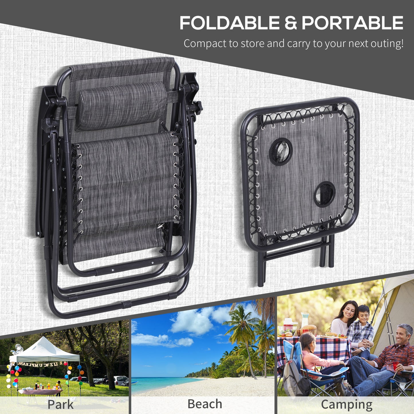 Outsunny 3 Piece Folding Zero Gravity Chairs Sun Lounger Table Set w/ Cup Holders Reclining Garden Yard Pool, Light Grey