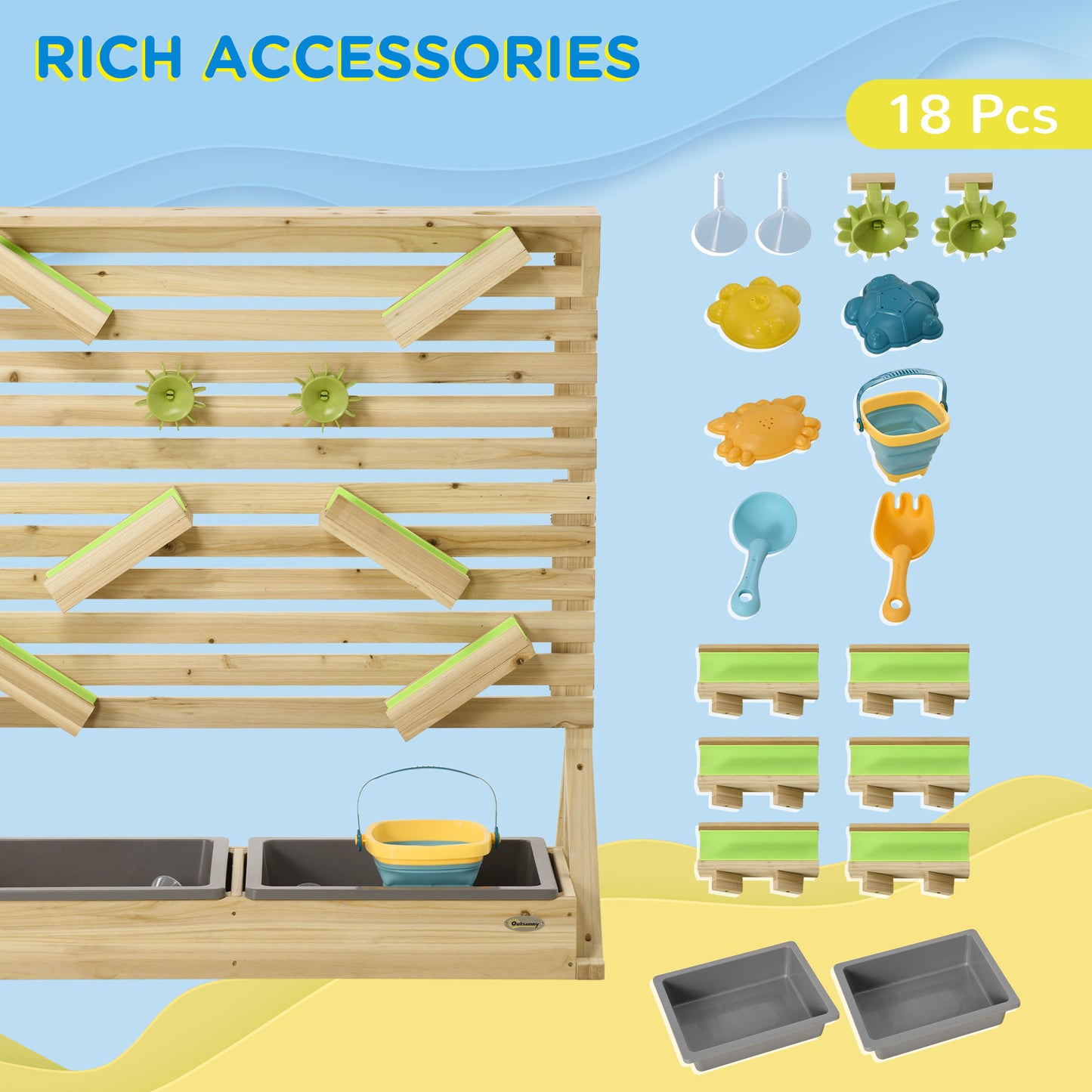 Outsunny Natural Wooden Outdoor Kids Running Water and Sand Playset, with 18 Accessories