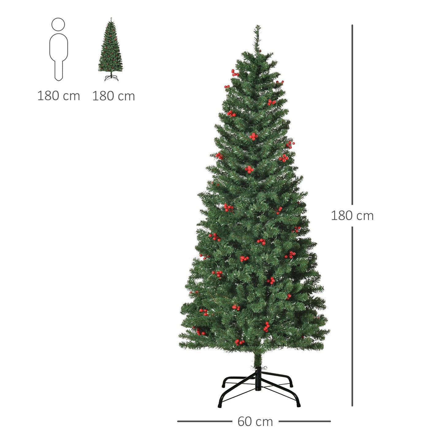 6FT Prelit Artificial Pencil Christmas Tree With Warm White LED Light, Red Berry, Holiday Home Decoration, Green