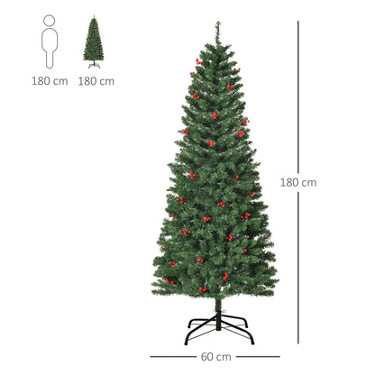6FT Prelit Artificial Pencil Christmas Tree With Warm White LED Light, Red Berry, Holiday Home Decoration, Green