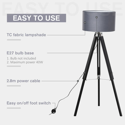 Modern Tripod Standing Lamp for Living Room Bedroom With Fabric Lampshade (Bulb not Included), Grey and Black