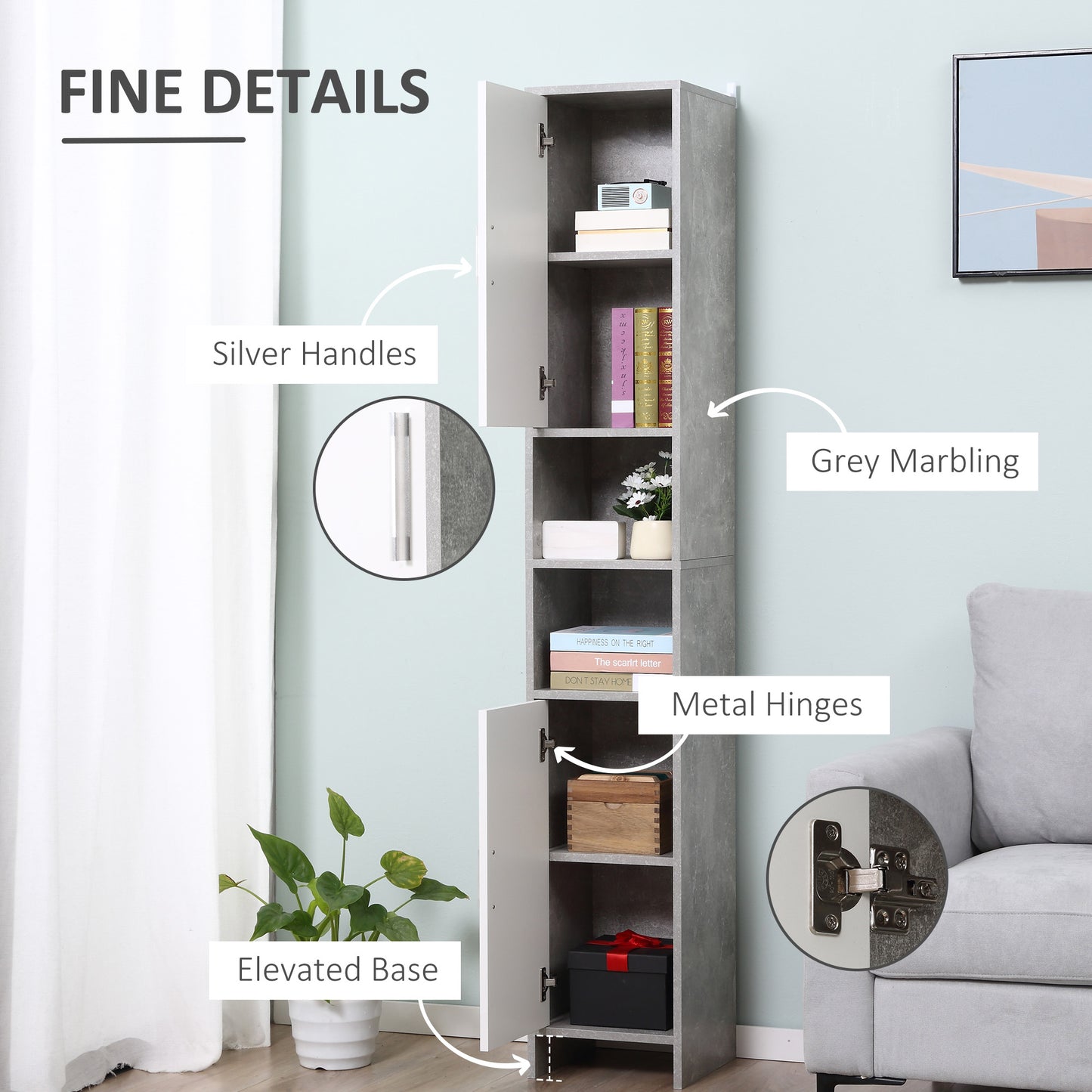 Kleankin Free-standing Tall Bathroom Storage Cabinet w/ 2 Cupboards 2 Open Compartments, Slim Bathroom Organizer Adjustable Shelves Elevated Base-Grey