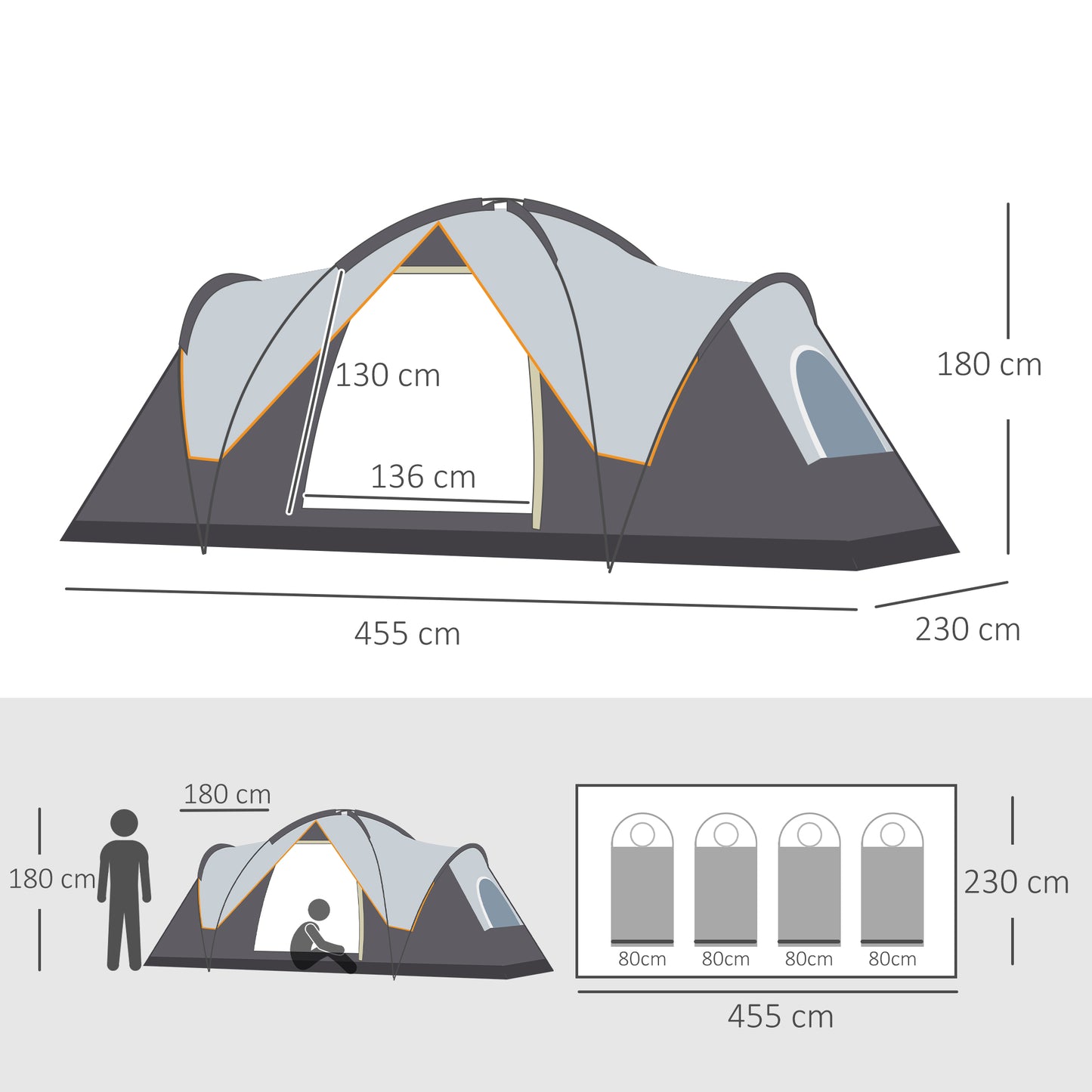 Outsunny 5-6 Man Dome Camping Tent Hiking Shelter UV Protection 3000mm Water Resistant Tunnel Tent - Multicolor