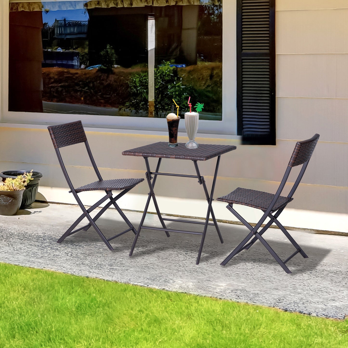 Outsunny PE Rattan Garden Furniture 2 Seater Patio Rattan Bistro Set Folding for 2 Outdoor Square Table and Chair Set (Brown)
