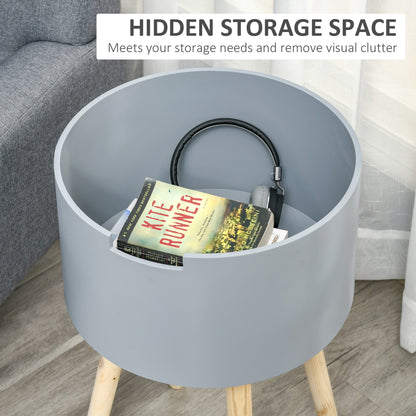 Modern Side Table with Hidden Storage Space, Round Night Stand with Removable Tray Wood Frame for Living Room Children's Room, Grey