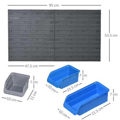 DURHAND 44 Piece Wall Mounted Tool Rack Organiser Storage Bins and Panel Set with Shelf Hook Screws Accessories Blue