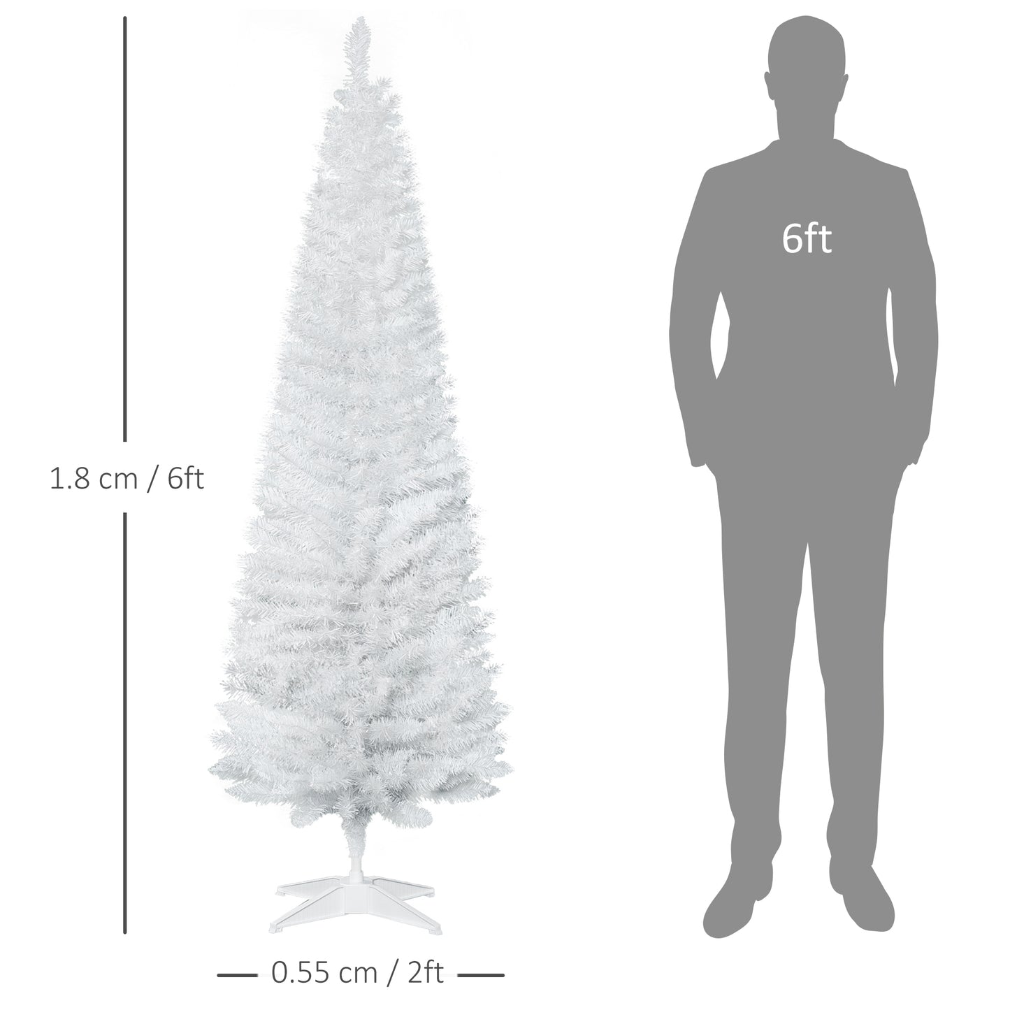 1.8m 6ft Artificial Pine Pencil Slim Tall Christmas Tree With 390 Branch Tips Holiday Décor with Stand White