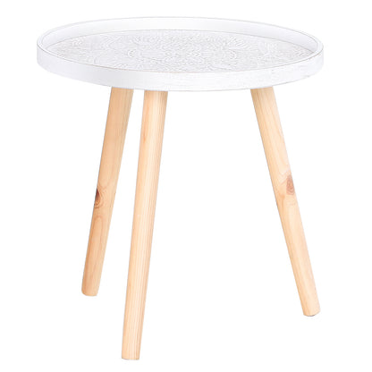 Flower Etched Side Table w/Saucer Top Wood Legs Living Room Bedroom Furniture Coffee End Table Display Decoration Elegant - White