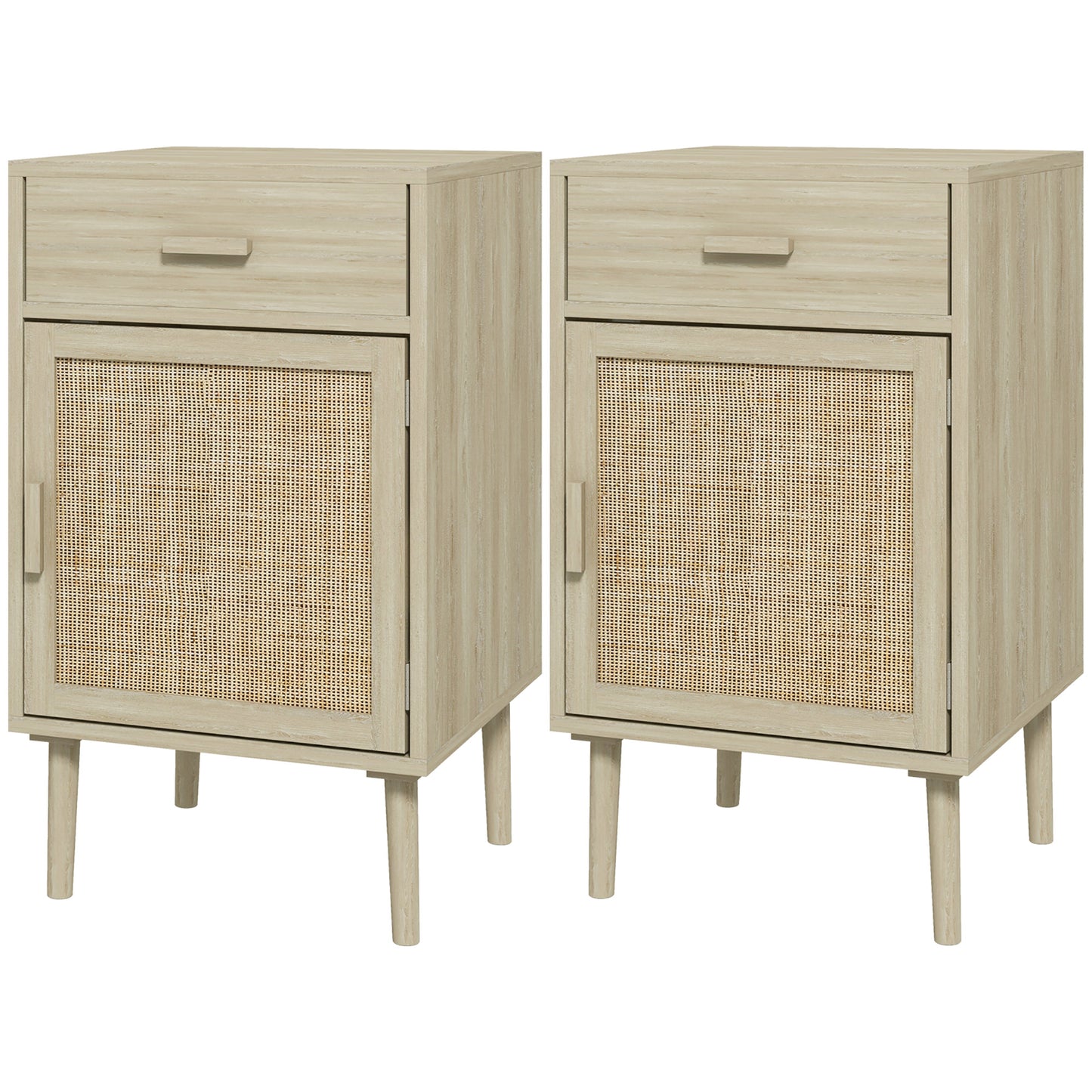Set of 2 Bedside Rattan Side Tables W/ Drawer, Cabinet, Adjustable Shelf W/ Storage for Bedroom, Living Room, Natural Wood Effect