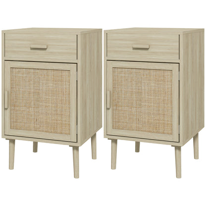 Set of 2 Bedside Rattan Side Tables W/ Drawer, Cabinet, Adjustable Shelf W/ Storage for Bedroom, Living Room, Natural Wood Effect