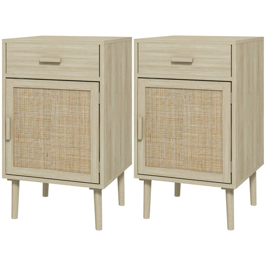 Set of 2 Bedside Rattan Side Tables W/ Drawer, Cabinet, Adjustable Shelf W/ Storage for Bedroom, Living Room, Natural Wood Effect